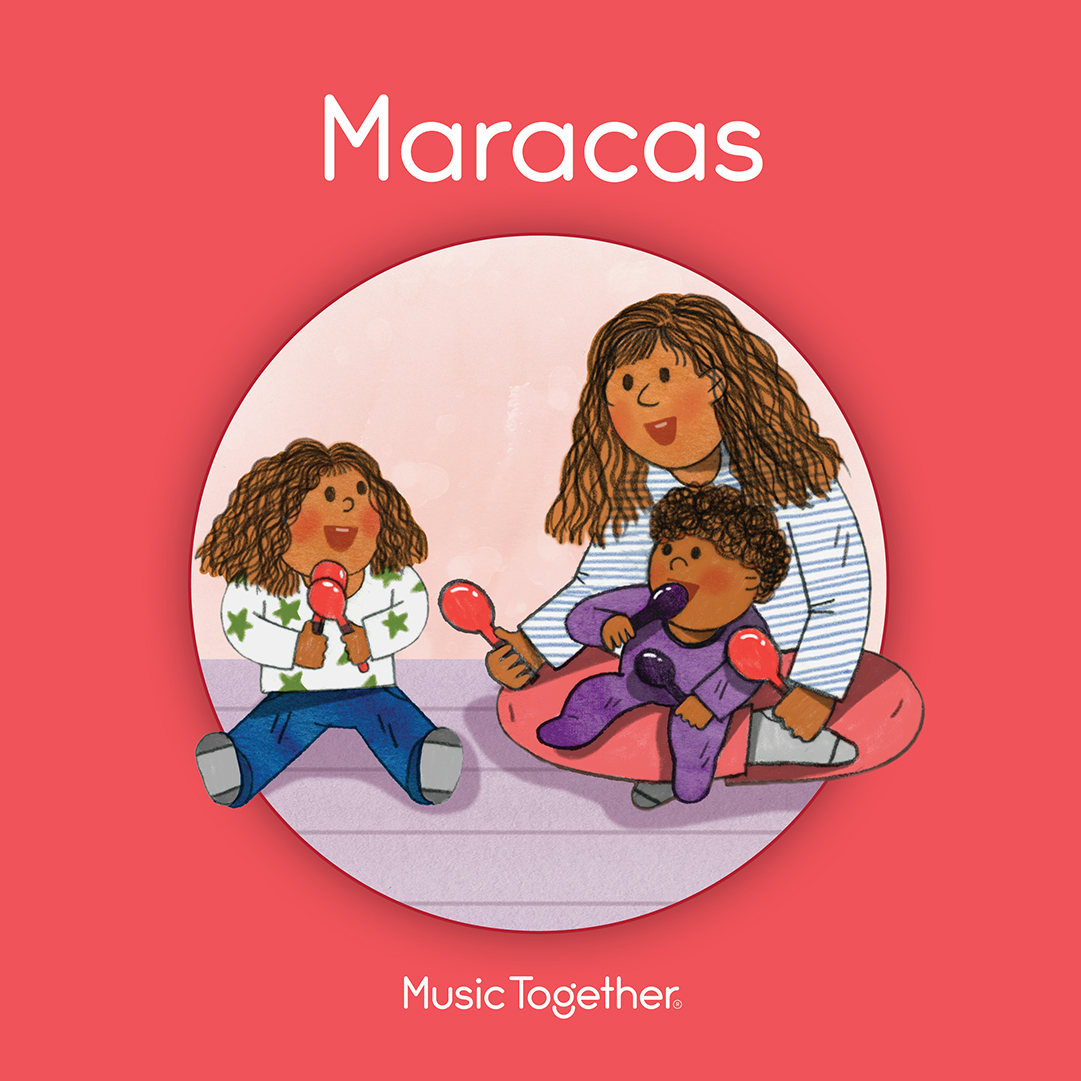 Two happy children play maracas with mom.