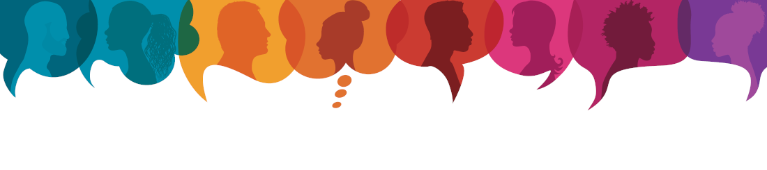 Colorful speech bubbles overlapping each other, in each speech bubble is a provile of a a person