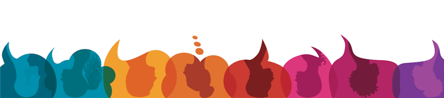Colorful speech bubbles overlapping each other and are upside down, in each speech bubble is a provile of a a person
