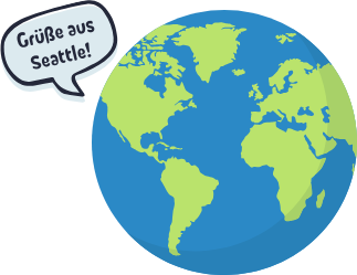 "An illustration of Earth with blue oceans and green continents. A speech bubble in the top left corner contains the text 'Grüße aus Seattle!' (Greetings from Seattle!)."