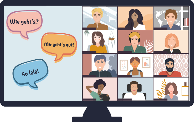 An illustration of a computer monitor displaying a virtual meeting with twelve diverse participants in a video call. On the left side of the screen, there are three German speech bubbles: "Wie geht’s?" (How are you?), "Mir geht’s gut!" (I’m doing well!), and "So lala!" (So-so!). The participants appear in individual video frames, with varied expressions and backgrounds.