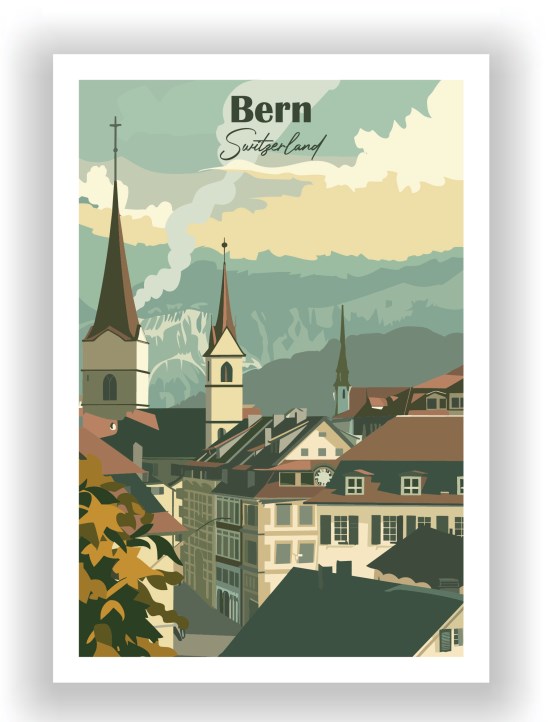 Illustrated poster of Bern, Switzerland, showcasing a picturesque cityscape with historic buildings, church spires, and a clock tower. The background features rolling hills and mountains under a muted green and yellow sky. Smoke curls from a chimney, adding warmth to the scene. Autumn foliage in the foreground frames the image. The top of the poster displays the text "Bern, Switzerland" in an elegant font.