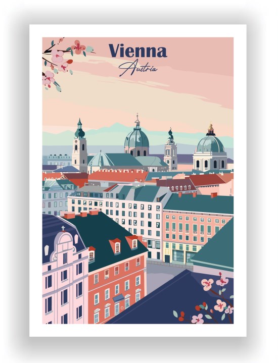 Illustrated poster of Vienna, Austria, featuring a cityscape with colorful buildings, domed rooftops, and historic architecture. The background showcases distant mountains under a pastel pink and orange sky. Cherry blossoms frame the image in the corners. The top of the poster displays the text "Vienna, Austria" in a stylish font.