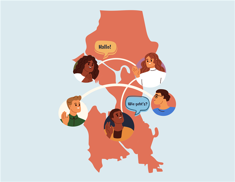 An illustration of a red map of Seattle with five diverse people in circular frames connected by white lines, symbolizing communication and networking. Two speech bubbles contain German greetings: one says "Hallo!" and another says "Wie geht’s?" The background is light blue, and the illustration conveys a sense of community and connection through German language learning.