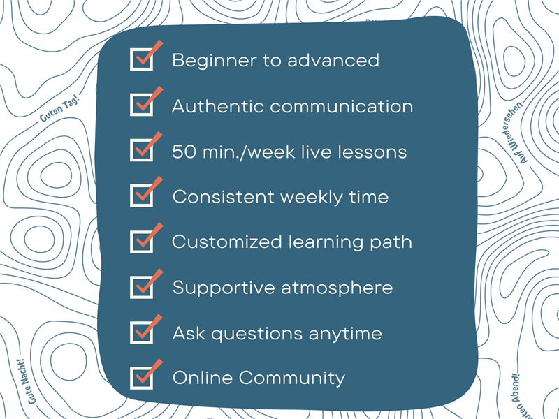 A checklist-style graphic with a dark blue, irregularly shaped background containing white text and red checkmarks. The checklist highlights key features of private German lessons: Beginner to advanced, Authentic communication, 50 min./week live lessons, Consistent weekly time, Customized learning path, Supportive atmosphere, Ask questions anytime, and Online Community. The background features a light, abstract topographical pattern with German greetings like 'Guten Tag!' and 'Auf Wiedersehen' placed around the edges.