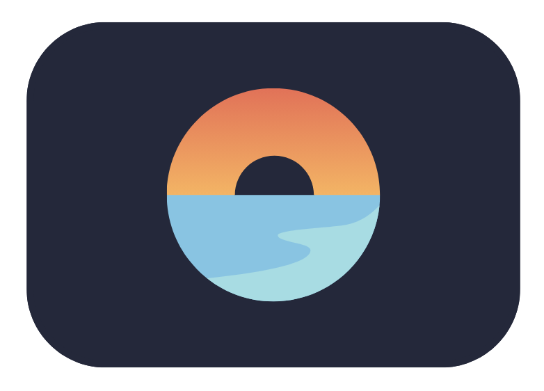 Stylized sunset over water inside a circle, symbolizing calm and exploration.