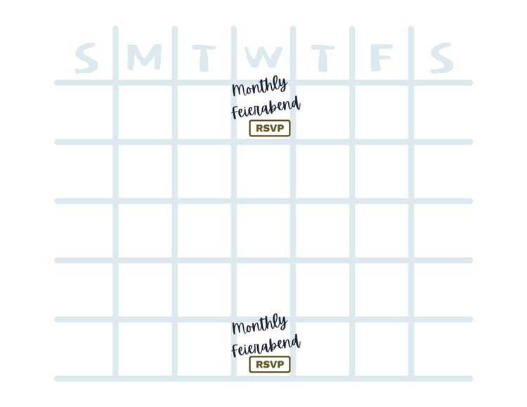 A minimalist calendar grid with days labeled "S M T W T F S" at the top. The calendar highlights two recurring events: "Monthly Feierabend". "Monthly Feierabend" appears twice on a weekday with an "RSVP" button in an olive green box. The design is clean with a soft blue grid and handwritten-style event labels.