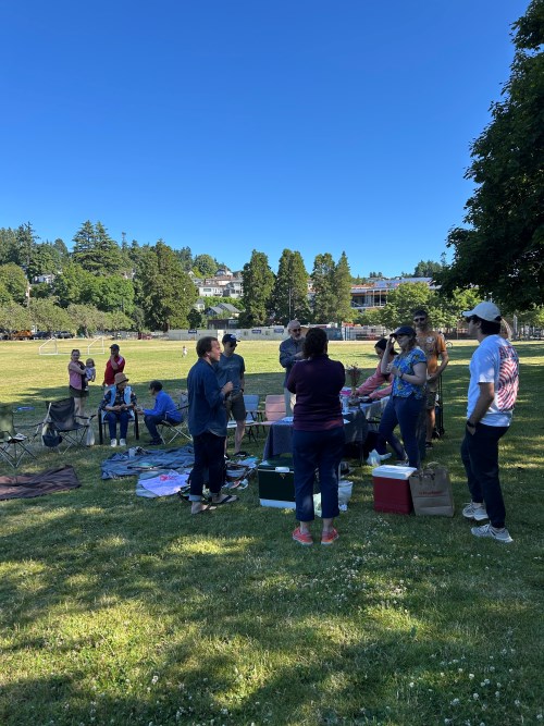 A group of people standing and sitting in a sunny park with blankets, chairs, and coolers, enjoying a casual summer gathering surrounded by trees and open field.