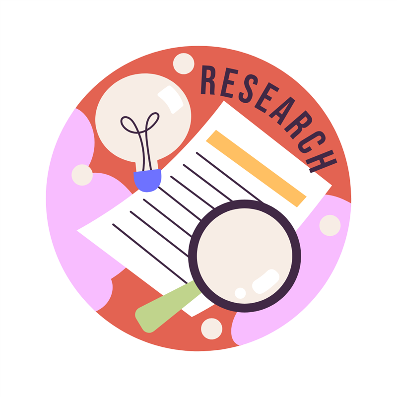 Colorful circular illustration featuring the word 'RESEARCH' with a lightbulb, magnifying glass, and document, representing scientific study and discovery in learning