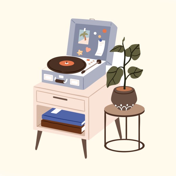 Illustration of a vintage record player on a side table with a plant and stacked books, evoking memories and the feeling of home.