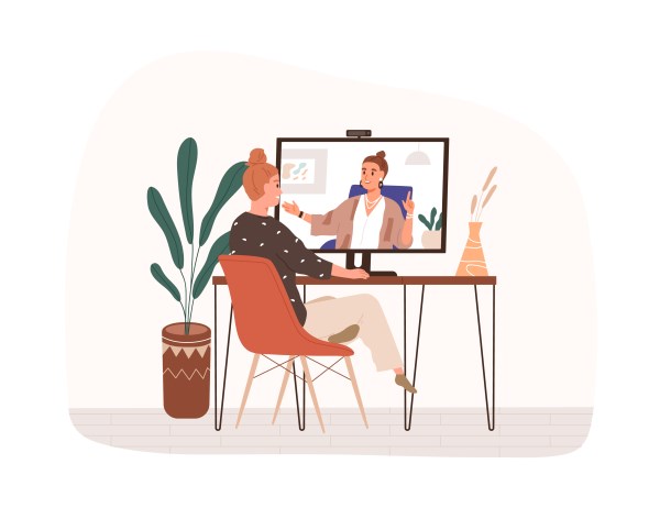 Illustration of a woman having an online video call conversation from her home desk.