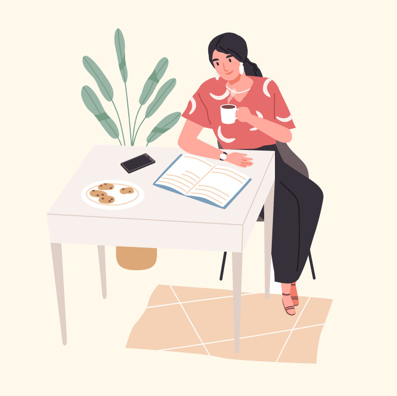 Illustration of a woman sitting at a small table with an open book, a cup of coffee, and a plate of cookies, studying quietly at home.