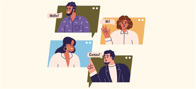 Illustration of four people in a video call grid, smiling and greeting each other with speech bubbles reading "Hallo!", "Hi!", and "Genau!"